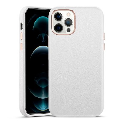 For iPhone 12 Pro Max 6.7 Disc Chrome Circle With Chromed Tempered Glass Screen Protector PU UV Leather Case - White