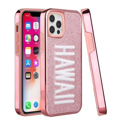 For iPhone 12 Pro Max 6.7 Embroidery Bling Glitter Chrome Hybrid Case Cover - FLORIDA on Pink