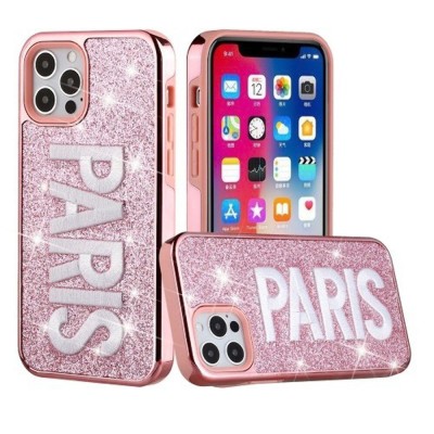 For iPhone 12 Pro Max 6.7 Embroidery Bling Glitter Chrome Hybrid Case Cover - LIT on Pink