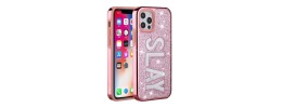 For iPhone 12 Pro Max 6.7 Embroidery Bling Glitter Chrome Hybrid Case Cover - PIZZA on Pink