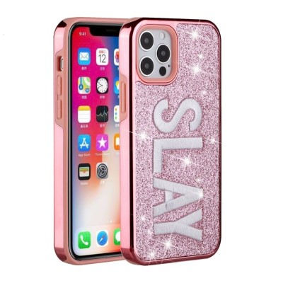 For iPhone 12 Pro Max 6.7 Embroidery Bling Glitter Chrome Hybrid Case Cover - PIZZA on Pink