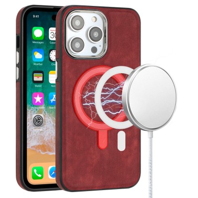 For iPhone 12 Pro Max 6.7 Fashion Chrome Edged Camera [Magnetic Circle] PU Leather Hybrid - Red