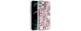 For iPhone 12 Pro Max 6.7 Floral Glitter Design Case Cover - Daisy Pink