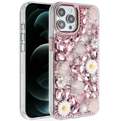 For iPhone 12 Pro Max 6.7 Floral Glitter Design Case Cover - Daisy Pink