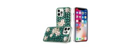 For iPhone 12 Pro Max 6.7 Full Diamond with Ornaments Case Cover - Pearl Flowers with Perfume Green