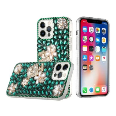 For iPhone 12 Pro Max 6.7 Full Diamond with Ornaments Case Cover - Pearl Flowers with Perfume Green