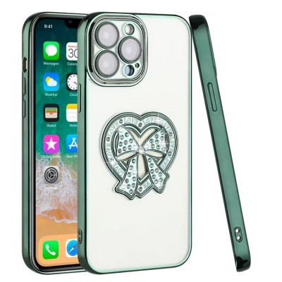 For iPhone 12 Pro Max 6.7 Full Diamond with Ornaments Hard TPU Case Cover - Green Love Bird