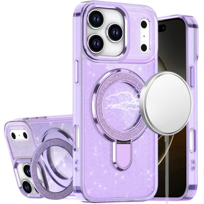For iPhone 12 Pro Max 6.7 Glitz HQ Shimmer Glitter [Magnetic Ring Circle] with 360 degree Rotational Ring Kickstand Tough Hybrid Case - Purple