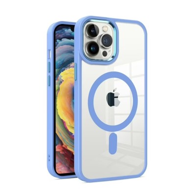 For iPhone 12 Pro Max 6.7 Greatest Clear Acrylic [Magnetic Circle] ShockProof ToughThick Metal Button Hybrid - Light Blue