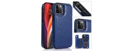 For iPhone 12 Pro Max 6.7 Luxury Side Magnetic Button Card ID Holder PU Leather Case Cover - Dark Blue