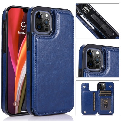 For iPhone 12 Pro Max 6.7 Luxury Side Magnetic Button Card ID Holder PU Leather Case Cover - Dark Blue