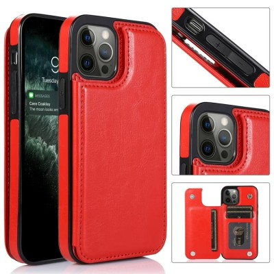 For iPhone 12 Pro Max 6.7 Luxury Side Magnetic Button Card ID Holder PU Leather Case Cover - Red