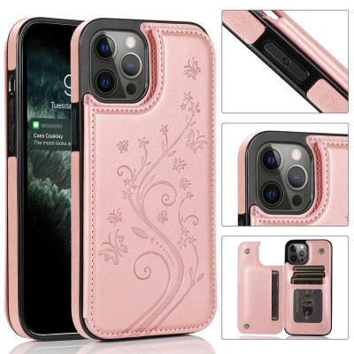 For iPhone 12 Pro Max 6.7 Luxury Side Magnetic Button Card ID Holder PU Leather Case Cover - Rose Gold Butterfly Swirl