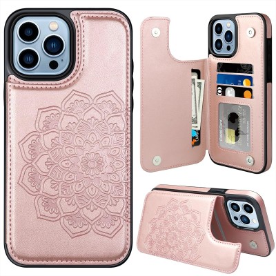For iPhone 12 Pro Max 6.7 Luxury Side Magnetic Button Card ID Holder PU Leather Case Cover - Rose Gold Mandala Flower