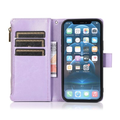 For iPhone 12 Pro Max 6.7 Luxury Wallet Card ID Zipper Money Holder Case Cover - Lavender