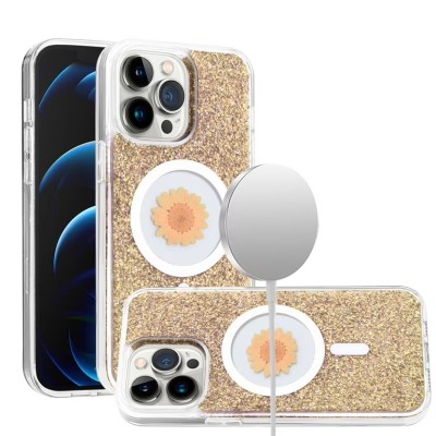 For iPhone 12 Pro Max 6.7 Magnetic Ring Circle Real Flower Epoxy Glitter Hybrid Case Cover - Gold