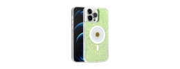 For iPhone 12 Pro Max 6.7 Magnetic Ring Circle Real Flower Epoxy Glitter Hybrid Case Cover - Green