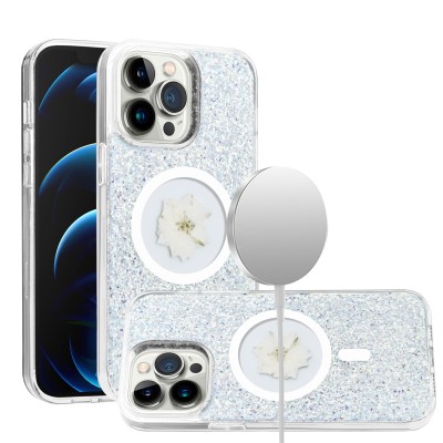 For iPhone 12 Pro Max 6.7 Magnetic Ring Circle Real Flower Epoxy Glitter Hybrid Case Cover - Light Blue