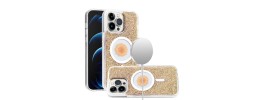 For iPhone 12 Pro Max 6.7 Magnetic Ring Circle Real Flower Epoxy Glitter Hybrid Case Cover - Red