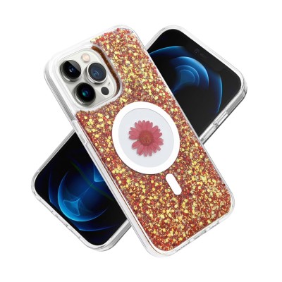 For iPhone 12 Pro Max 6.7 Magnetic Ring Circle Real Flower Epoxy Glitter Hybrid Case Cover - Rose Gold