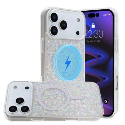 For iPhone 12 Pro Max 6.7 Magnetic Ring Circle Real Flower Epoxy Glitter Hybrid Case Cover - Silver