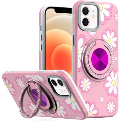 For iPhone 12 Pro Max 6.7 Metal Diamond CD Pattern Design Matte Finished Hybrid with Rotational Ring [Car Mount Friendly] Case - Floral C