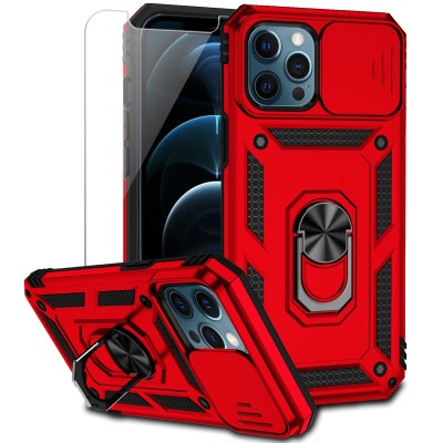 For iPhone 12 Pro Max 6.7 Push Mount Friendly Camera Protective [Ring Stand] Hybrid Case - Red