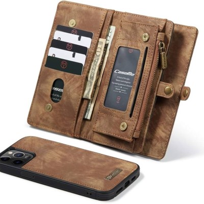 For iPhone 12 Pro Max 6.7 Retro Wallet Card Holder Case Cover - Brown