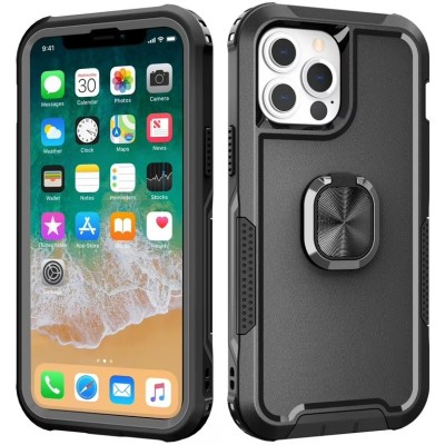 For iPhone 12 Pro Max 6.7 Ring Magnetic Kickstand Hybrid Case Cover - Black