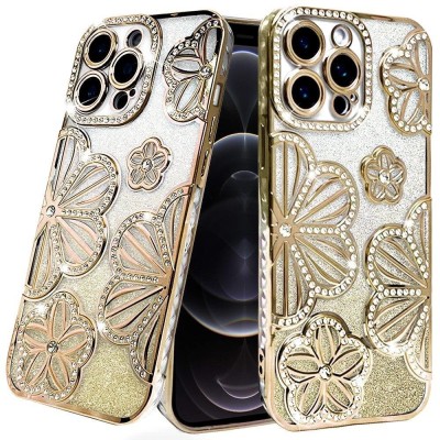 For iPhone 12 Pro Max 6.7 Shimmer Glitter Floral Design Thick TPU Case Cover - Rose Gold