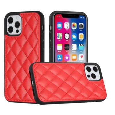 For iPhone 12 Pro Max 6.7 Trough Thick PU Leather Design Lines Case Cover - Red Diamond Lines