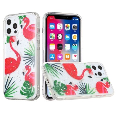 For iPhone 12 Pro Max 6.7 Vogue Epoxy Glitter Hybrid Case Cover - Flamingo