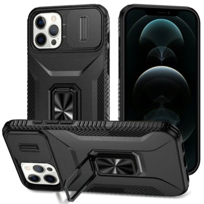 For iPhone 12 Pro Max 6.7 Magnetic Ring Stand Classic Design FULL Camera Protection Hybrid Case - Black