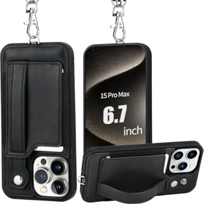 For iPhone 12 & iPhone 12 Pro Card Holder (2X) with Wrist Strap  Hybrid With KickStand - Black+Black