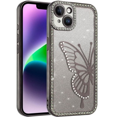 For iPhone 12 & iPhone 12 Pro Electroplated Butterfly With  Diamonds Glitter Shimmer Hybrid Case - Black
