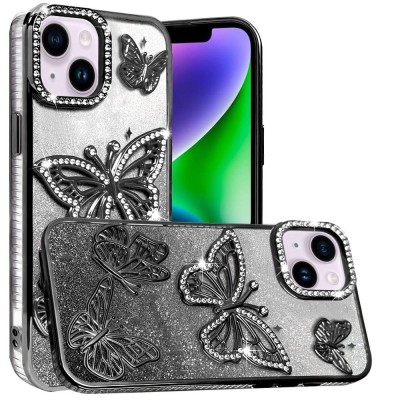 For iPhone 12 & iPhone 12 Pro Electroplated Butterfly With Diamonds Glitter Shimmer Hybrid Case - Purple