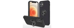 For iPhone 12 & iPhone 12 Pro (Open Camera Hole) Aluminium Alloy Magnetic Ring Stand Hybrid Case Cover - Black