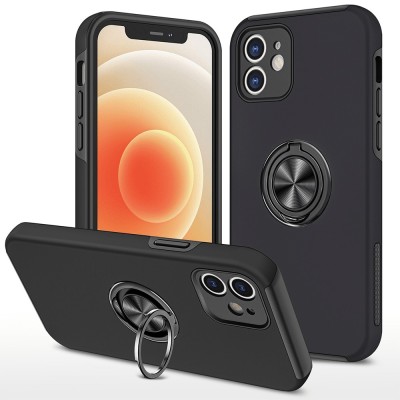 For iPhone 12 & iPhone 12 Pro (Open Camera Hole) Aluminium Alloy Magnetic Ring Stand Hybrid Case Cover - Black