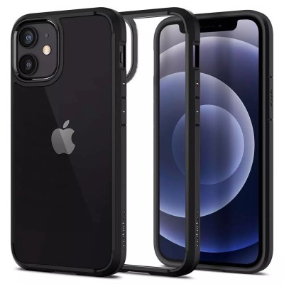 For iPhone 12 & iPhone 12 Pro (Open Camera Hole) Aluminium Alloy Transparent PC TPU Slick Hybrid - Black