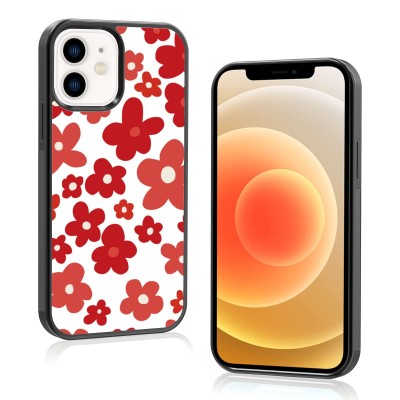 For iPhone 12 & iPhone 12 Pro (Open Camera Hole) Carbonara IMD Design Hybrid Case Cover - Red with Flowers