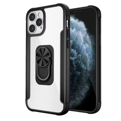 For iPhone 12 & iPhone 12 Pro (Open Camera Hole) Card Holder with Magnetic Ring Stand Hybrid Case Cover - Black