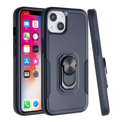 For iPhone 12 & iPhone 12 Pro (Open Camera Hole) Card Holder with Magnetic Ring Stand Hybrid Case Cover - Blue