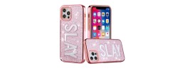 For iPhone 12 & iPhone 12 Pro (Open Camera Hole) Embroidery Bling Glitter Chrome Hybrid Case Cover - BEACH on Pink