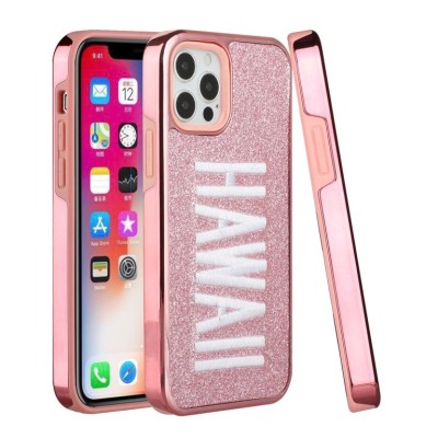 For iPhone 12 & iPhone 12 Pro (Open Camera Hole) Embroidery Bling Glitter Chrome Hybrid Case Cover - HAWAII on Pink