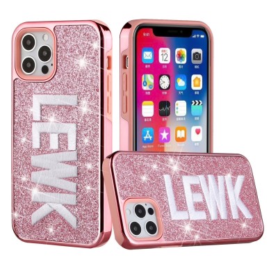For iPhone 12 & iPhone 12 Pro (Open Camera Hole) Embroidery Bling Glitter Chrome Hybrid Case Cover - LEWK on Pink