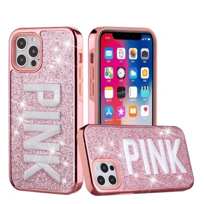 For iPhone 12 & iPhone 12 Pro (Open Camera Hole) Embroidery Bling Glitter Chrome Hybrid Case Cover - MAMBA on Pink