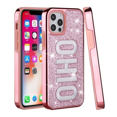 For iPhone 12 & iPhone 12 Pro (Open Camera Hole) Embroidery Bling Glitter Chrome Hybrid Case Cover - OHIO on Pink
