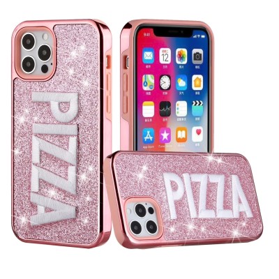 For iPhone 12 & iPhone 12 Pro (Open Camera Hole) Embroidery Bling Glitter Chrome Hybrid Case Cover - PIZZA on Pink