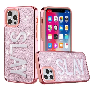 For iPhone 12 & iPhone 12 Pro (Open Camera Hole) Embroidery Bling Glitter Chrome Hybrid Case Cover - TEXAS on Pink