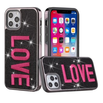 For iPhone 12 & iPhone 12 Pro (Open Camera Hole) Embroidery Bling Glitter Chrome Hybrid Case Cover - TRAVEL on Pink